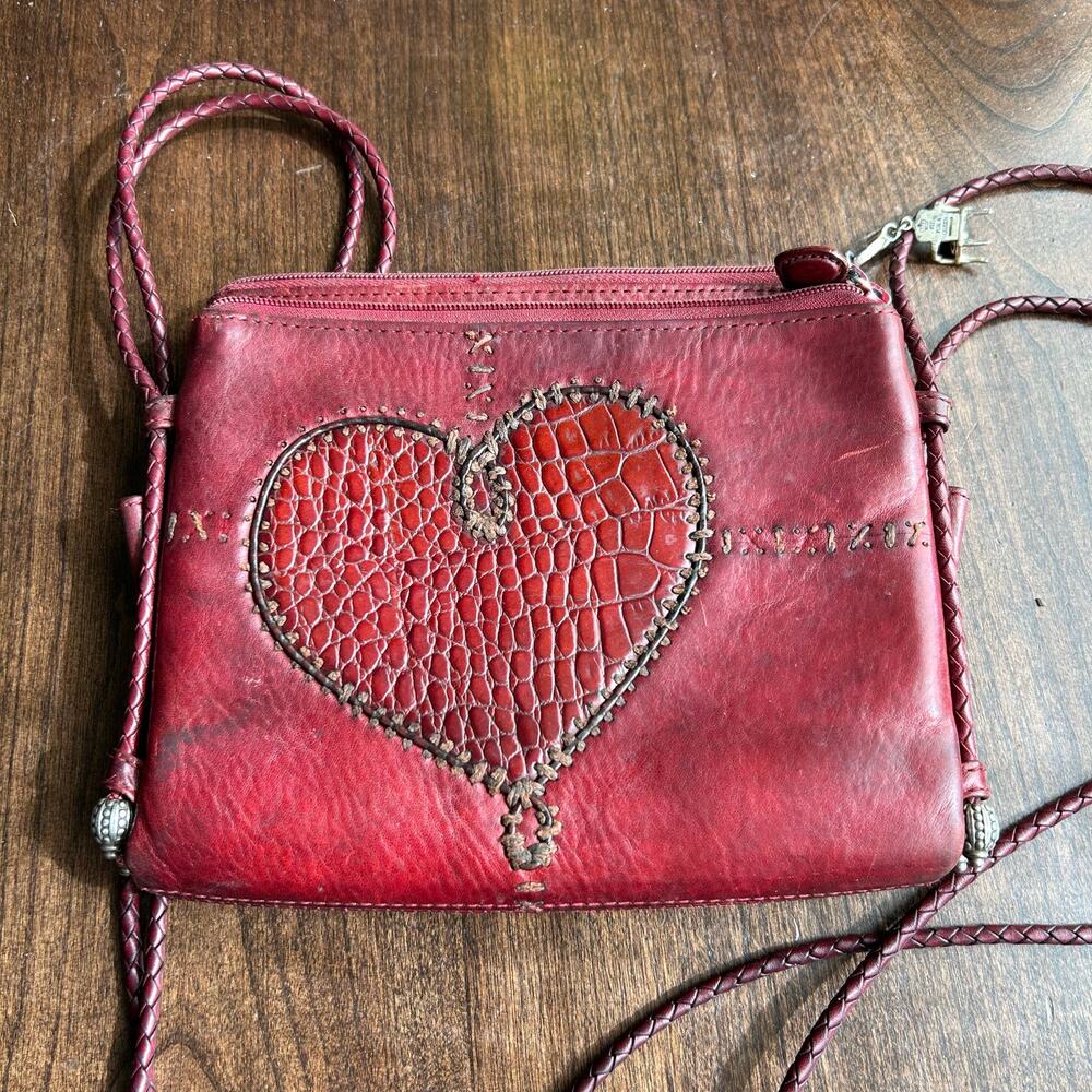 Brighton Red Leather Cross Body Purse Heart Design Zip Magnetic Closure